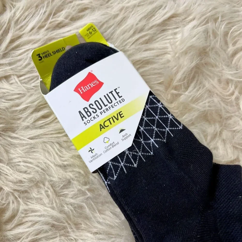 NWT black Hanes Men's Absolute Active Cushioned Heel Shield socks Size 6 - 12